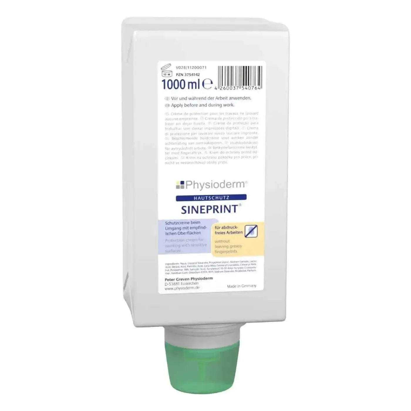 Weißer plastikspender für handcreme mit grünem pumpkopf von physioderm sineprint zur hautschutzpflege