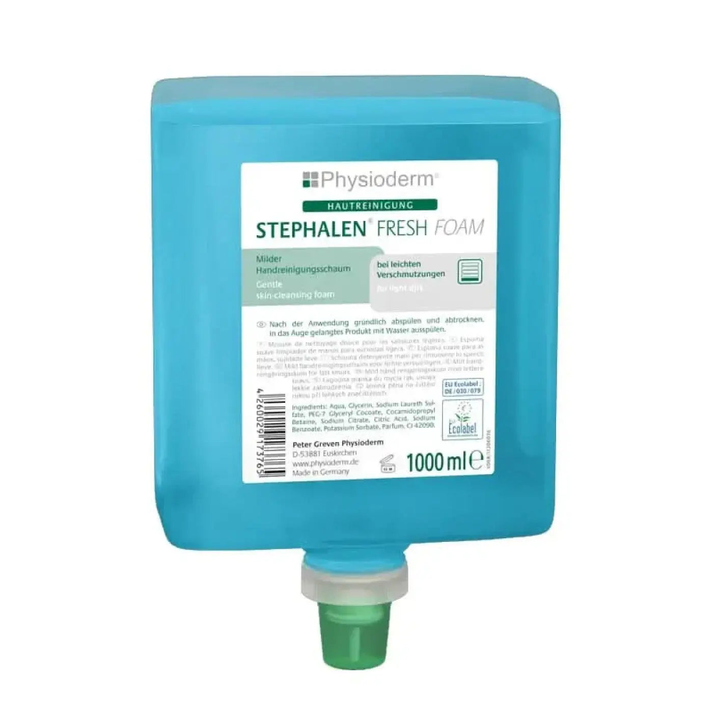 Turquoise plastspenderflasche mit grünem düsenaufsatz physioderm stephalen fresh foam handreinigungsschaum 1000 ml
