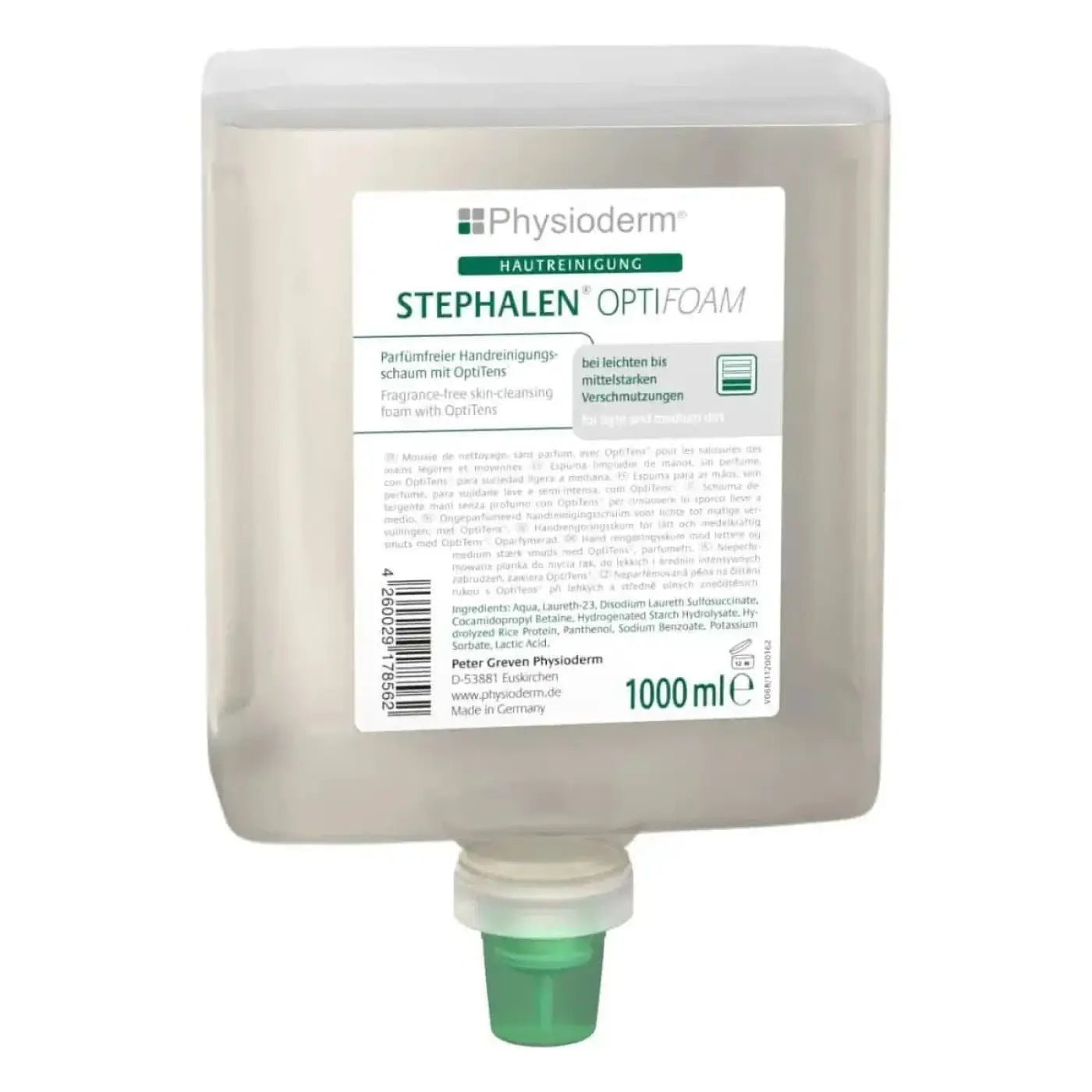 Transparenter grauer plastikspender mit weißem etikett physioderm stephalen optifoam handreinigungsschaum 1000ml