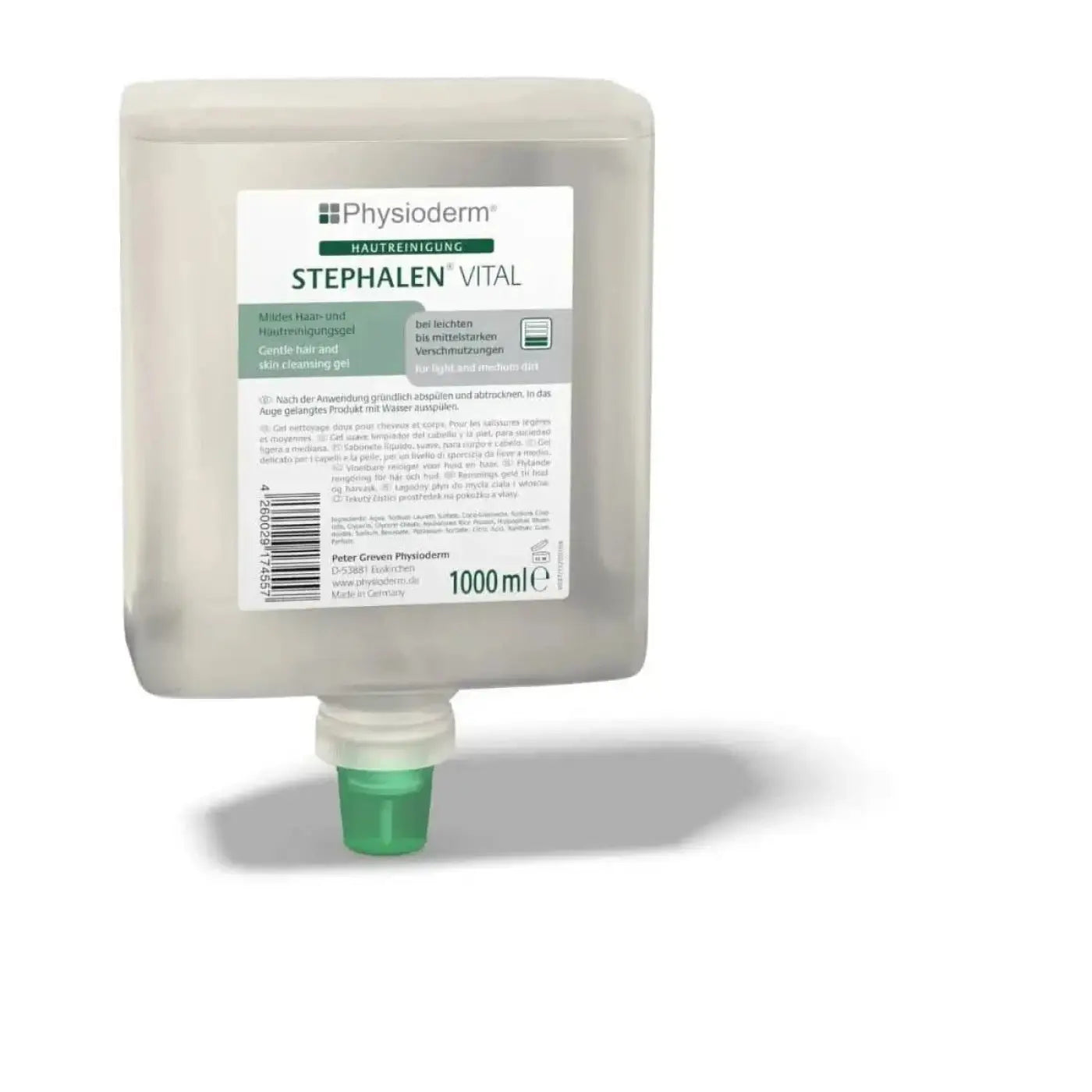 Transluzenter plastikspender mit grünem deckel und weißem etikett physioderm stephalen vital für sanfte hautreinigung
