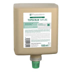 Beige plastikspenderflasche von physioderm topscrub nature handreiniger mit natürlichen scheuerpartikeln