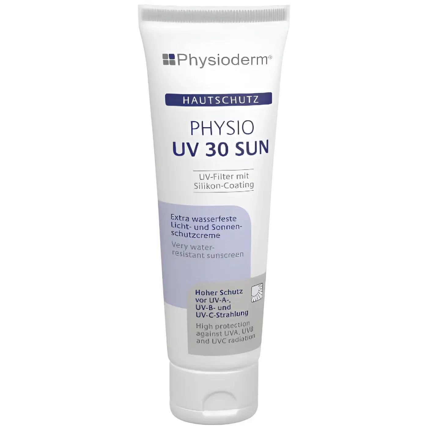 Physioderm uv 30 sun sonnenschutzcreme 100ml tube in weiß mit lila und grauer beschriftung