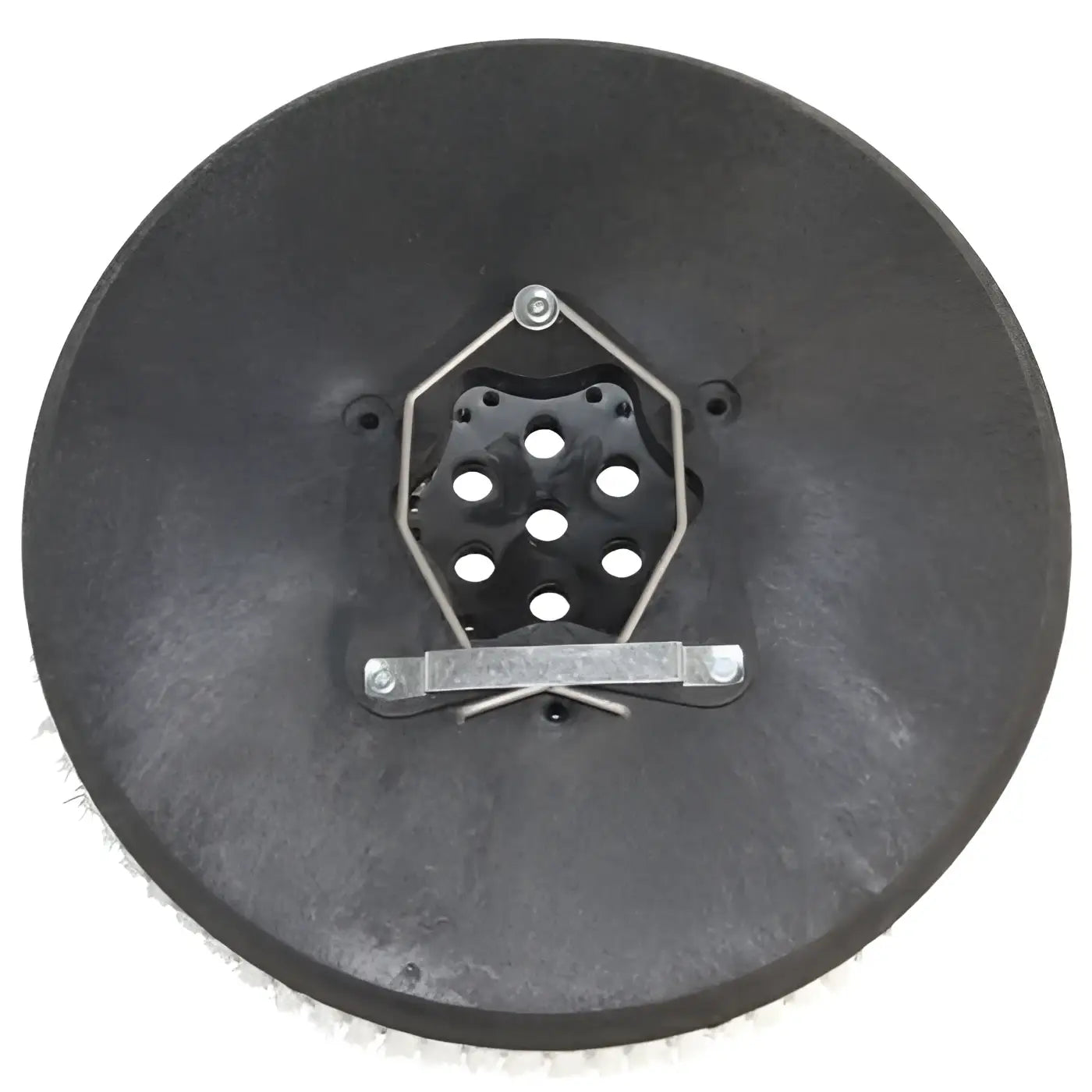 Schrubbteller nylon 16’’ 41cm schwarz runde scheibe mit sechseckigem metallrahmen und zentraler halterung rückseite