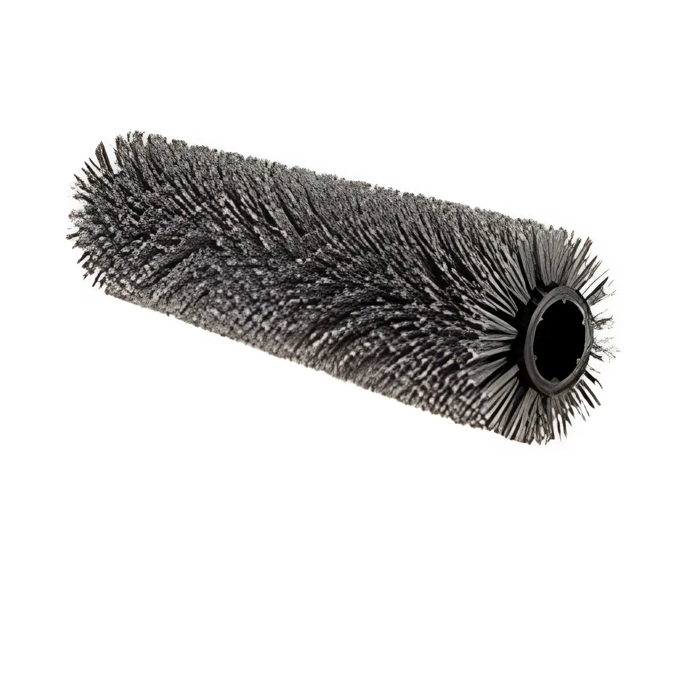 Graue metallbürste mit dichten steifen borsteln und schwarzem zylindrischem mittelkern für schrubbwalze tynex tennant t5 70cm
