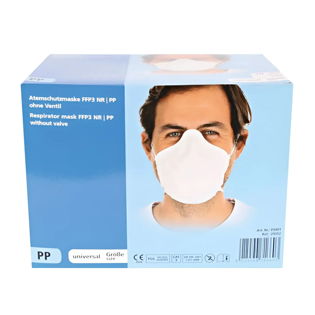 Weiße ffp3 nr pp schutzmaske vorgeformt mit kopfband in blauer verpackungsschachtel 10 stück