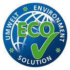 Kreisförmiges umweltfreundliches logo mit grünem eco-text und haken auf blauem globus für solution glöckner solugloss iv handpad