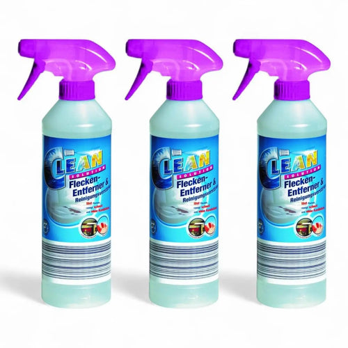 Drei identische flaschen solution glöckner clean solution fleck-entferner 500ml mit hellblauem körper und lila sprühkopf