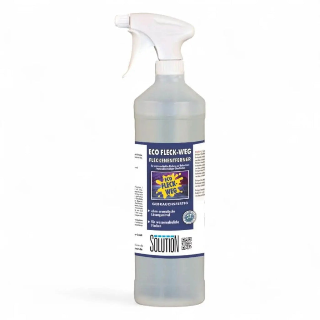 Clear plastic spray bottle with white trigger nozzle labeled eco fleck-weg by solution in solution glöckner product