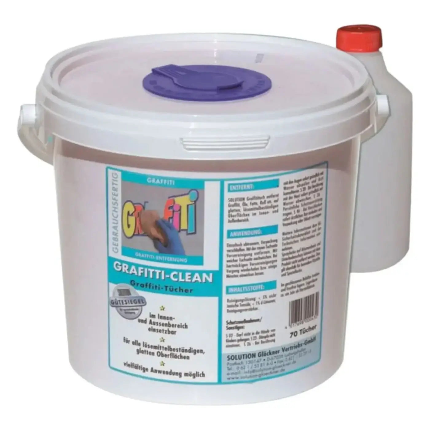 Weiße kunststoff-eimer mit lila deckel und graffiti-clean etikett enthält graffitientferner-tabletten für lösung glöckner graffititücher 70 stück plus tränkflüssigkeit