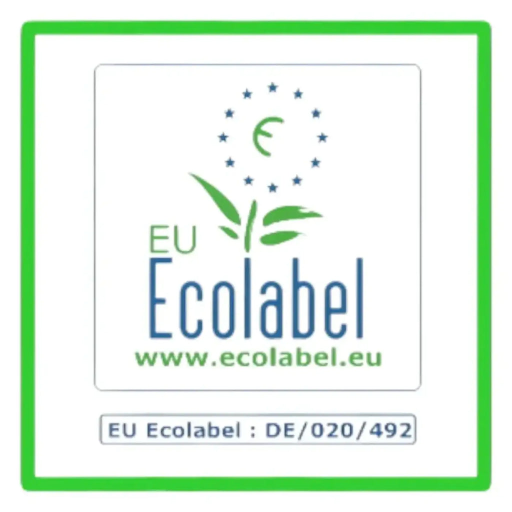 Eu ecolabel logo mit grünem blatt und blauen sternen auf der lösung glöckner green glanzwischpflege konzentrat