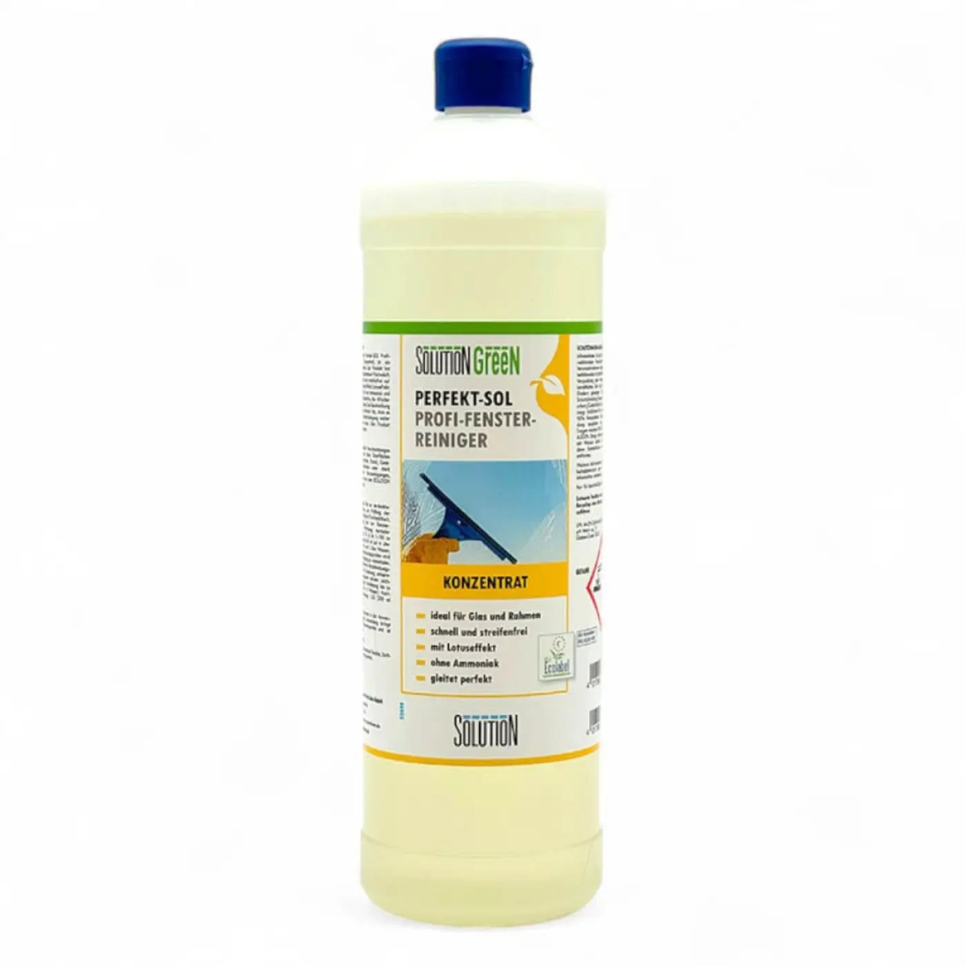 Eine klare plastikflasche mit blauem verschluss enthält gelbliche konzentrierte fensterreinigerlösung solution glöckner green perfekt-sol profi-fensterreiniger