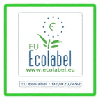 Eu ecolabel zertifizierung logo mit grünem blatt und blauen sternen auf lösung glöckner green universalreiniger konzentrat