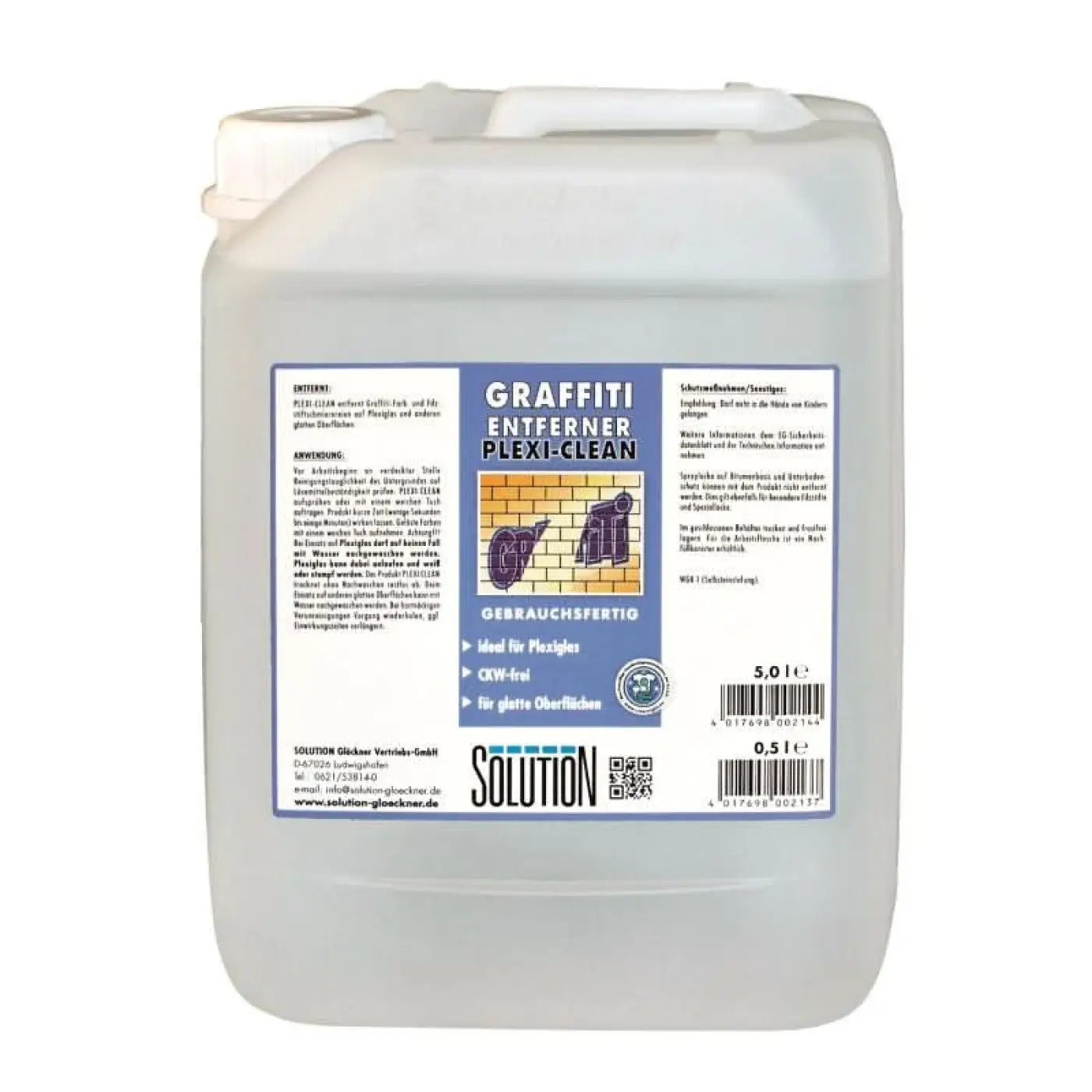 Ein transparenter weißer kunststoffkanister mit klarer flüssigkeit und label graffiti entferner plexi-clean von solution glöckner 5l