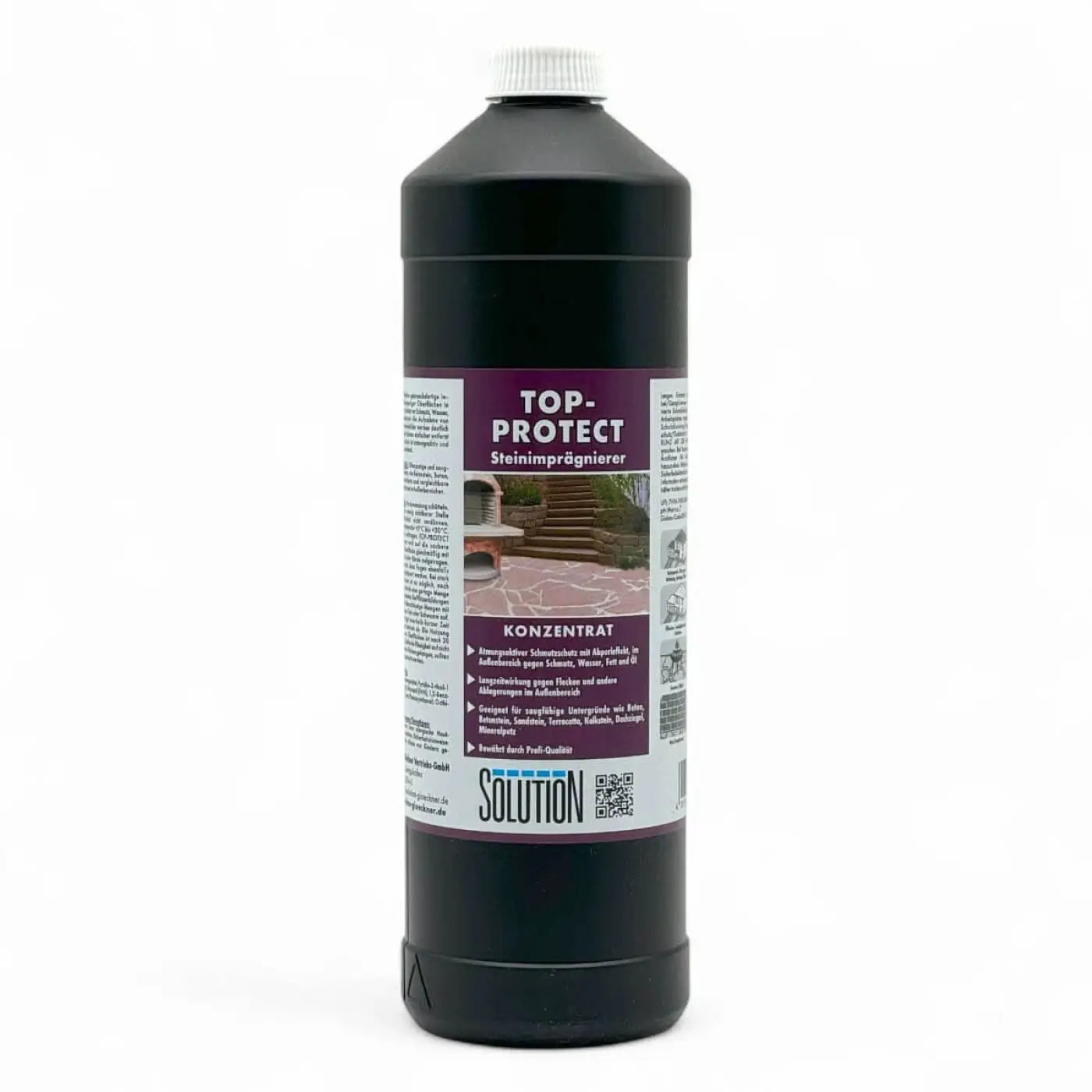 Schwarze plastikflasche mit weißem verschluss und lila etikett top-protect steinimprägnierer von solution 1 liter