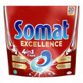 Rote somat excellence 4in1 spülmaschinen kapseln mit blauer und weißer kapsel und goldener text hervorheben reinigungskraft
