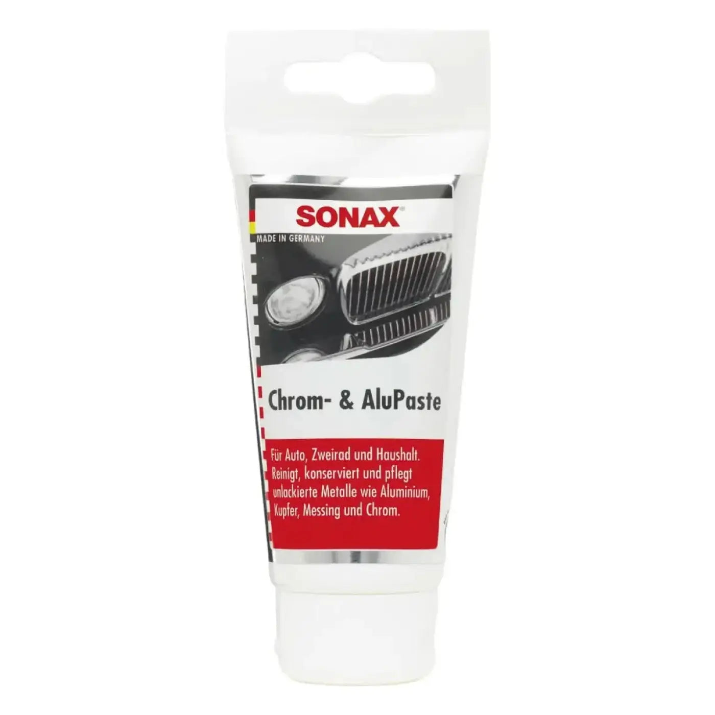 Weiße tube sonax chrom- & alupaste 75ml deutsche reinigungs- und polierpaste für chrom- und aluminiumflächen