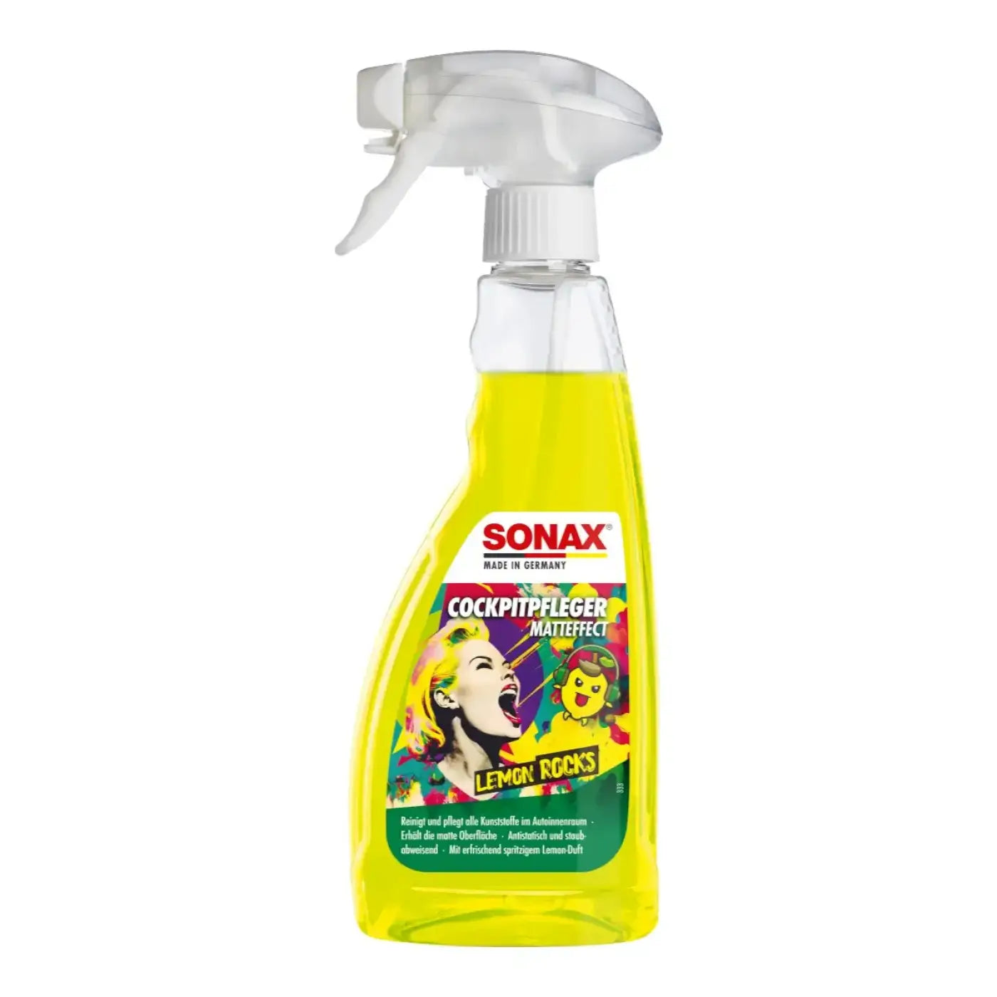 Ein sonax cockpitpfleger matteffect 500ml spray in leuchtend gelb mit weißer düse und buntem etikett für glasreiniger