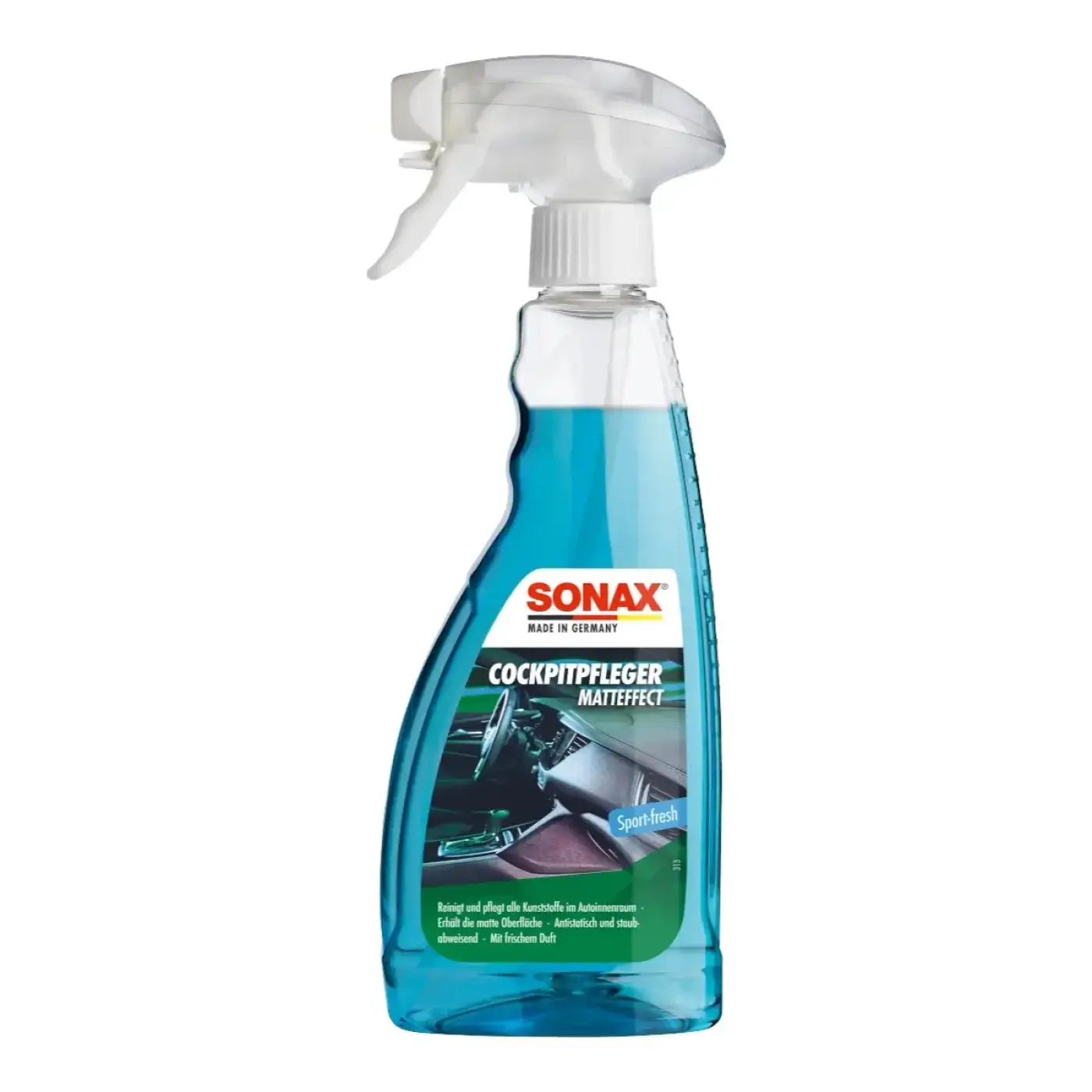 Klarblauer sprayflasche mit weißer sprühdüse sonax cockpitpfleger matteffect sport-fresh zur autoinnenreinigung 500ml