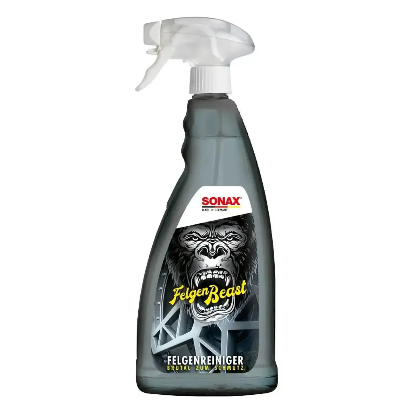 Dunkelgraue plastik-sprühflasche mit weißem auslöser, gorillagrafik und gelbem felgenbeast-text von sonax