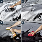 Schwarze motorhaube wird mit sonax highspeedwax 500ml, seife, wasser und mikrofasertuch gereinigt