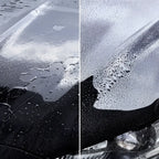 Schwarze motorhaube mit wasserperlen auf glänzender oberfläche durch sonax highspeedwax 500ml behandelt