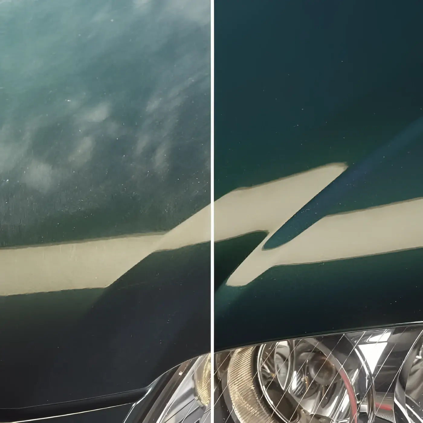 Sonax lackreiniger mit schleifmittel zeigt glänzende dunkelgrüne autolackhaube mit sauberem und schmutzigem bereich