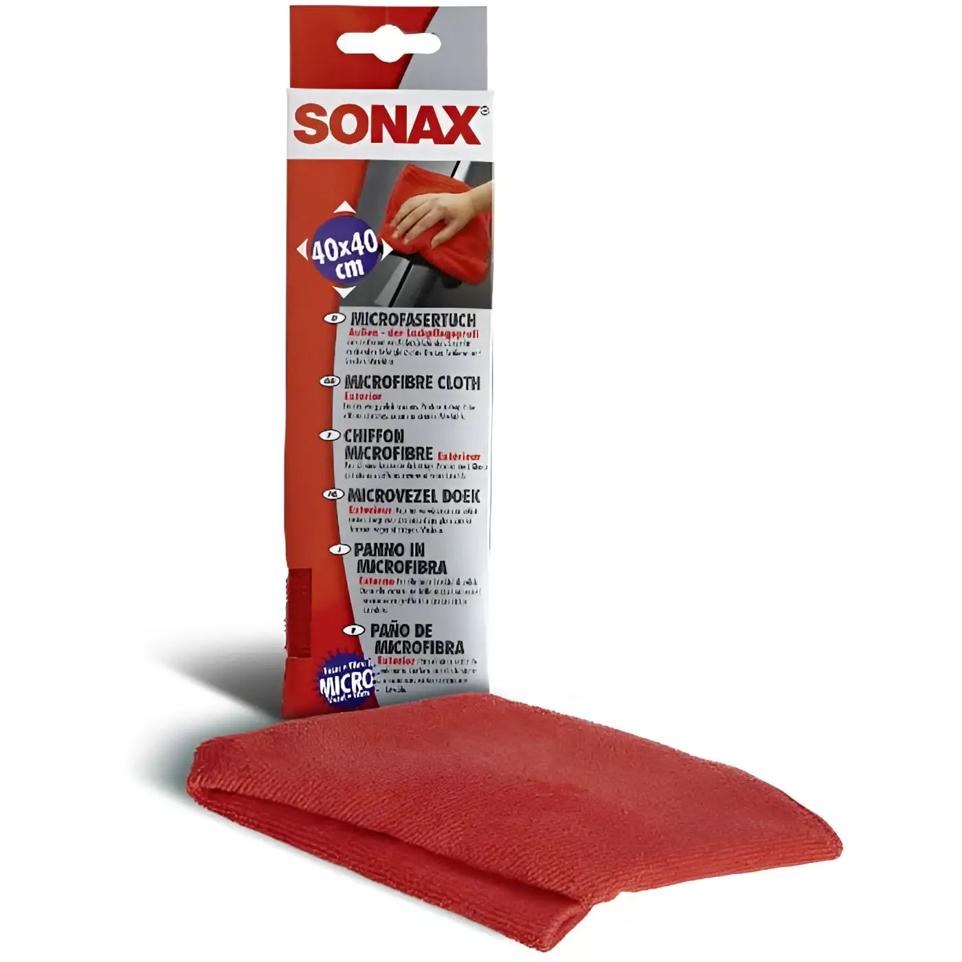 Rotes mikrofasertuch aus mikrofaser in sonax verpackung für außenreinigung