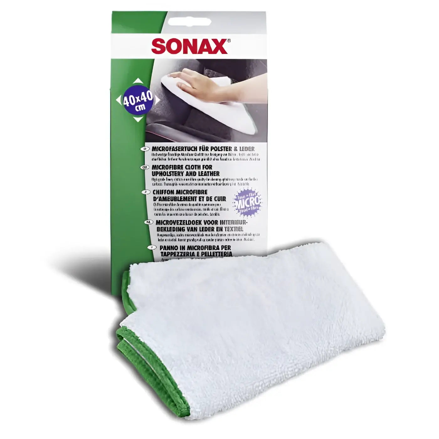 Weißes mikrofasertuch mit grünem rand von sonax für polster und lederpflege