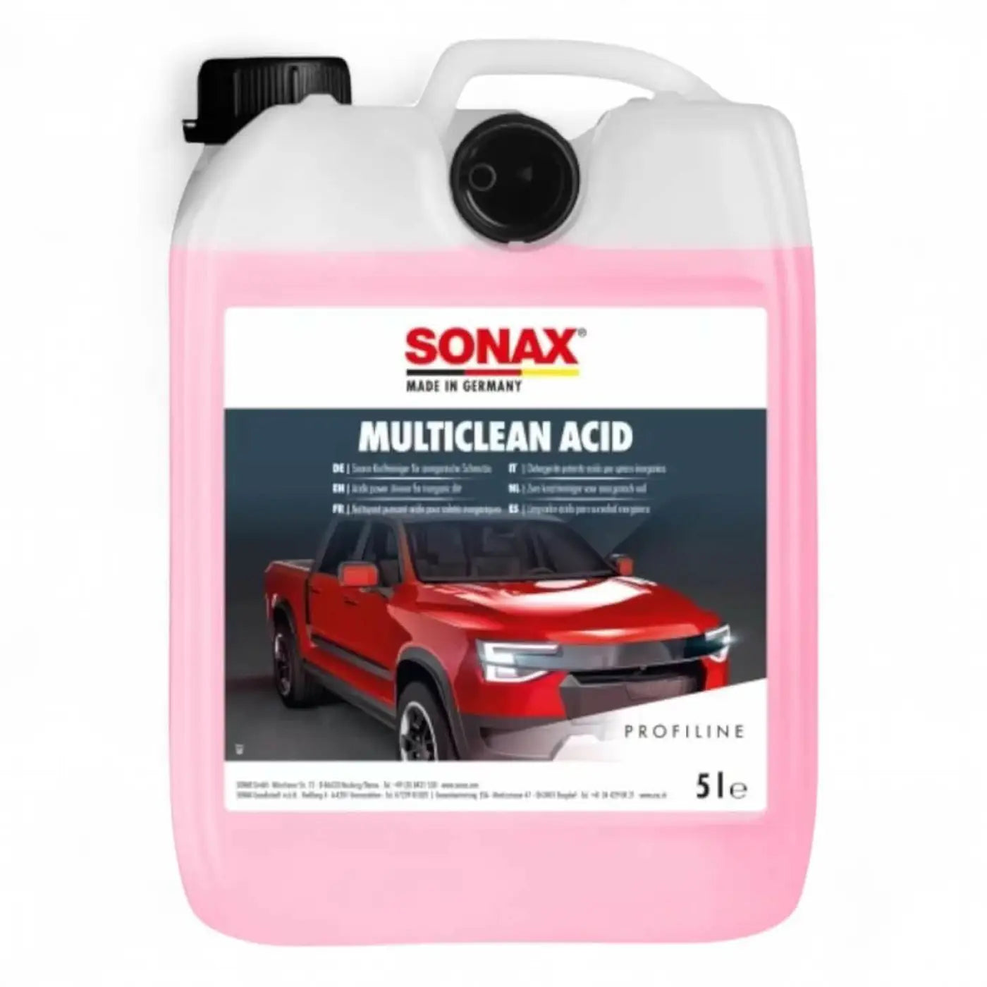 Rosa flüssigkeit in weißem kunststoffkanister mit schwarzem verschluss und griff sonax multiclean acid zur autoreinigung 5 liter