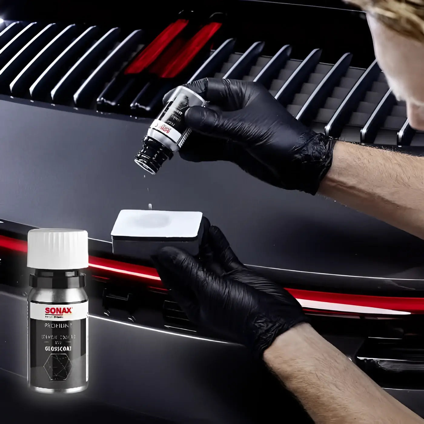 Sonax profiline ceramic coating cc evo in einer silbernen flasche mit weißem verschluss für lackschutz