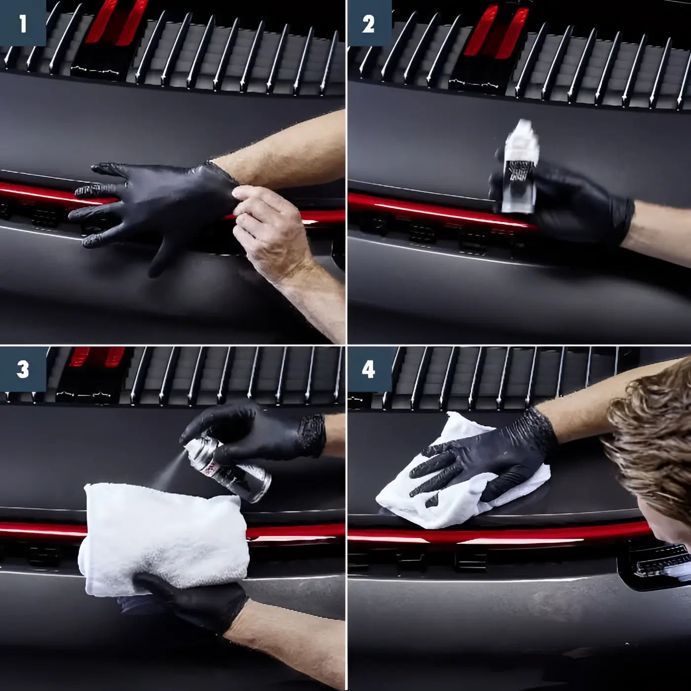 Schwarze gummihandschuhe mit strukturierten Fingerspitzen und verstärkten knöcheln für präzisionsarbeiten am sonax profiline ceramic coating cc evo auto