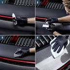 Sonax profiline ceramic coating cc evo autolackversiegelung wird auf eine schwarze matte oberfläche mit rotem akzent poliert