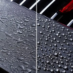 Schwarze strukturierte autofußmatte mit wasserabweisender oberfläche und wassertropfen zur betonung der versiegelung sonax profiline ceramic coating cc evo