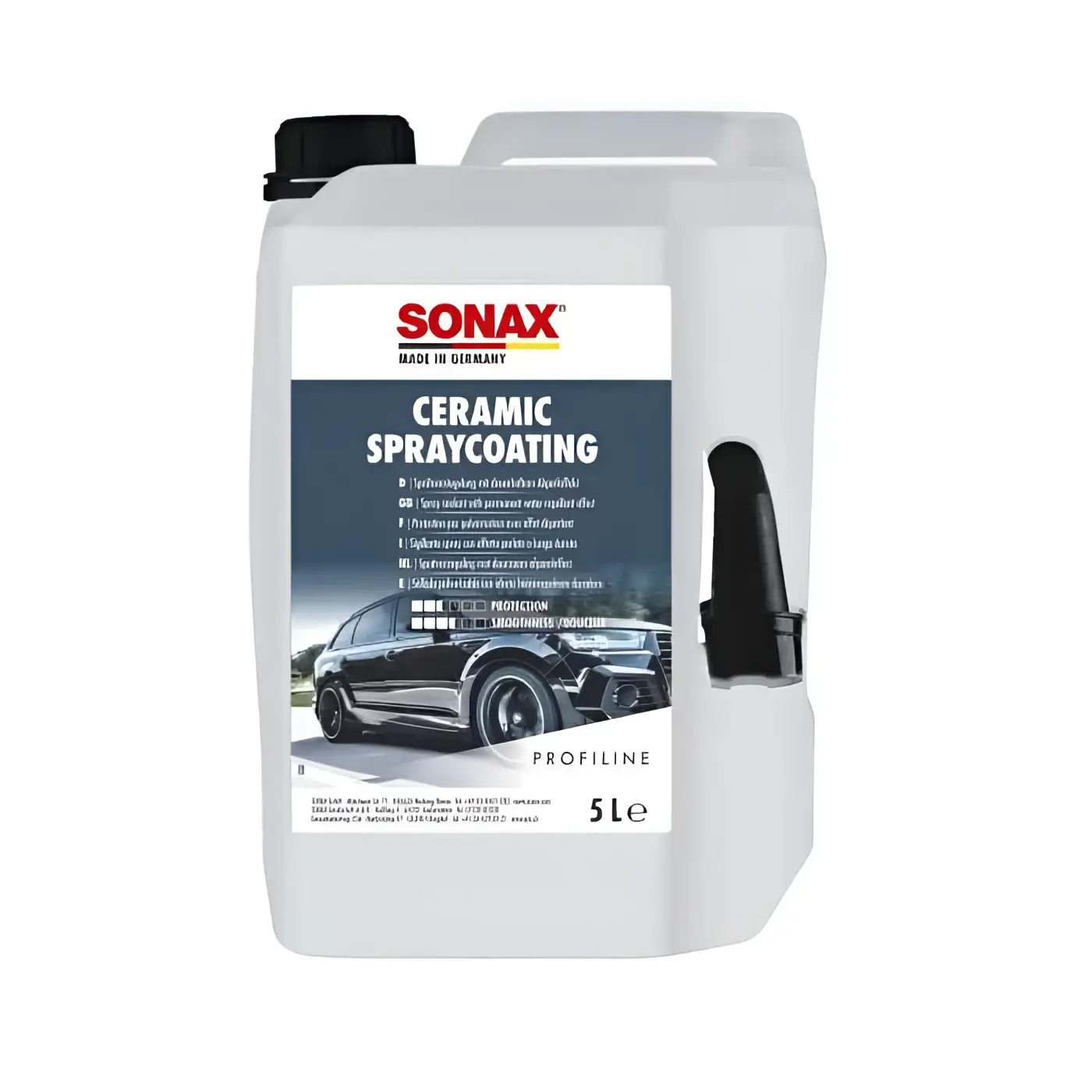 Weißer kunststoffkanister mit schwarzem griff und verschluss, beschriftet mit sonax ceramic spraycoating 5l