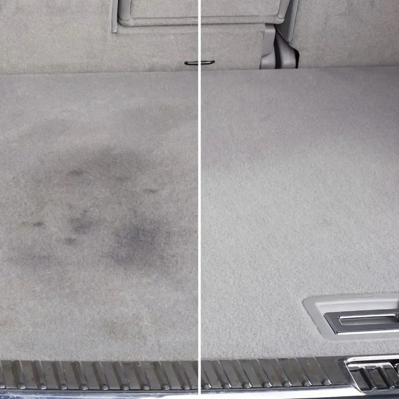 Gepflegter grauer autokofferraumboden vor und nach der fleckenentfernung mit sonax profiline multistar 1l