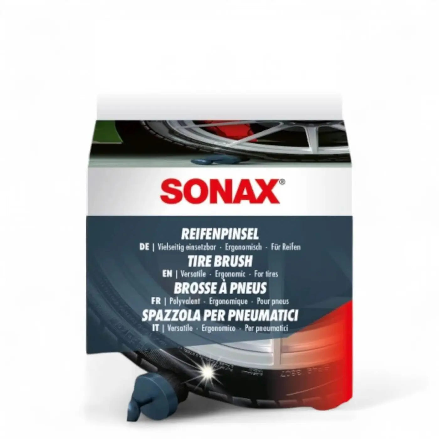 Sonax reifenpinsel mit rotem und dunkelblauem design in eleganter mehrsprachiger verpackung zur reifenreinigung