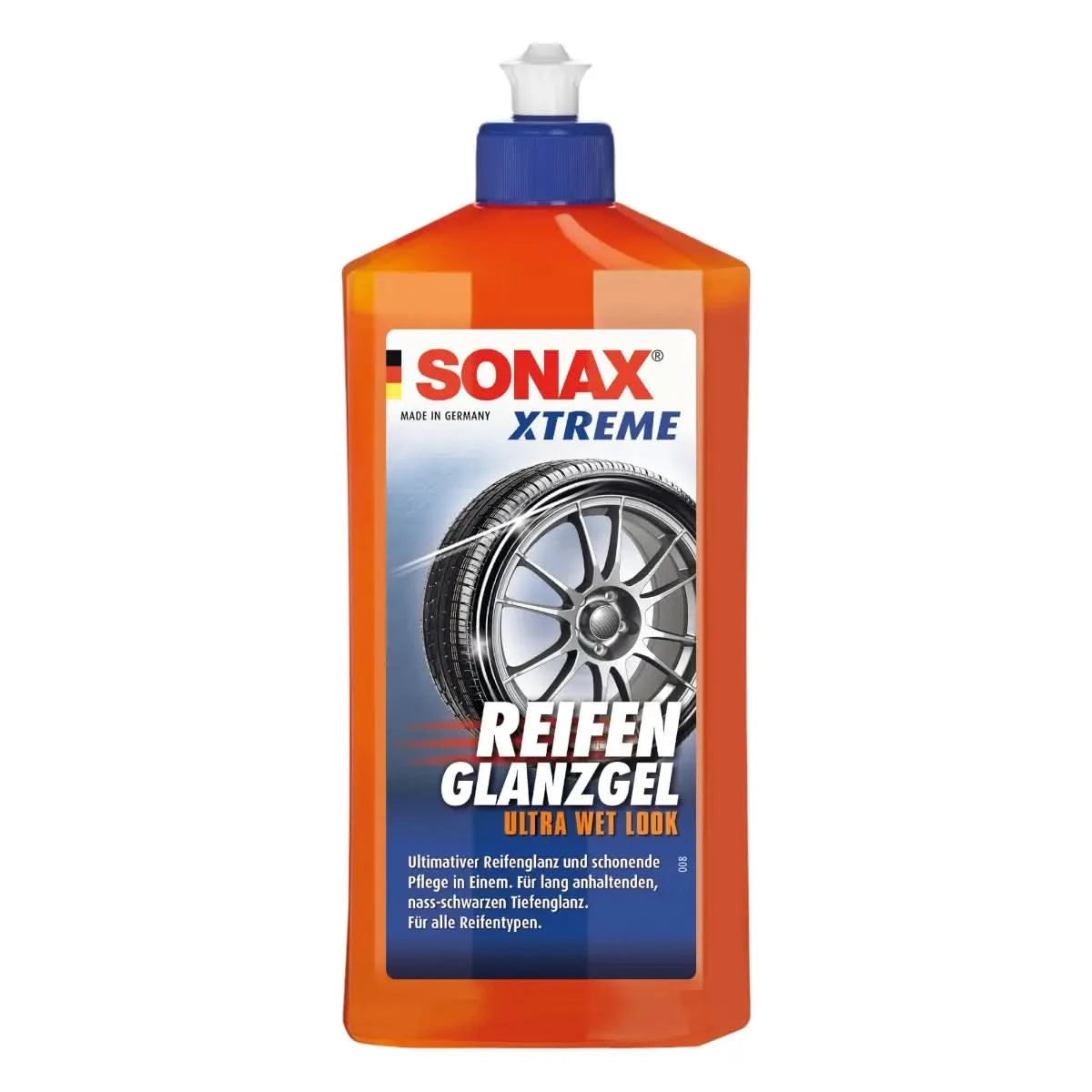 Orange kunststoffflasche sonax xtreme reifenglanzgel 500ml mit blauem deckel und deutschem etikett