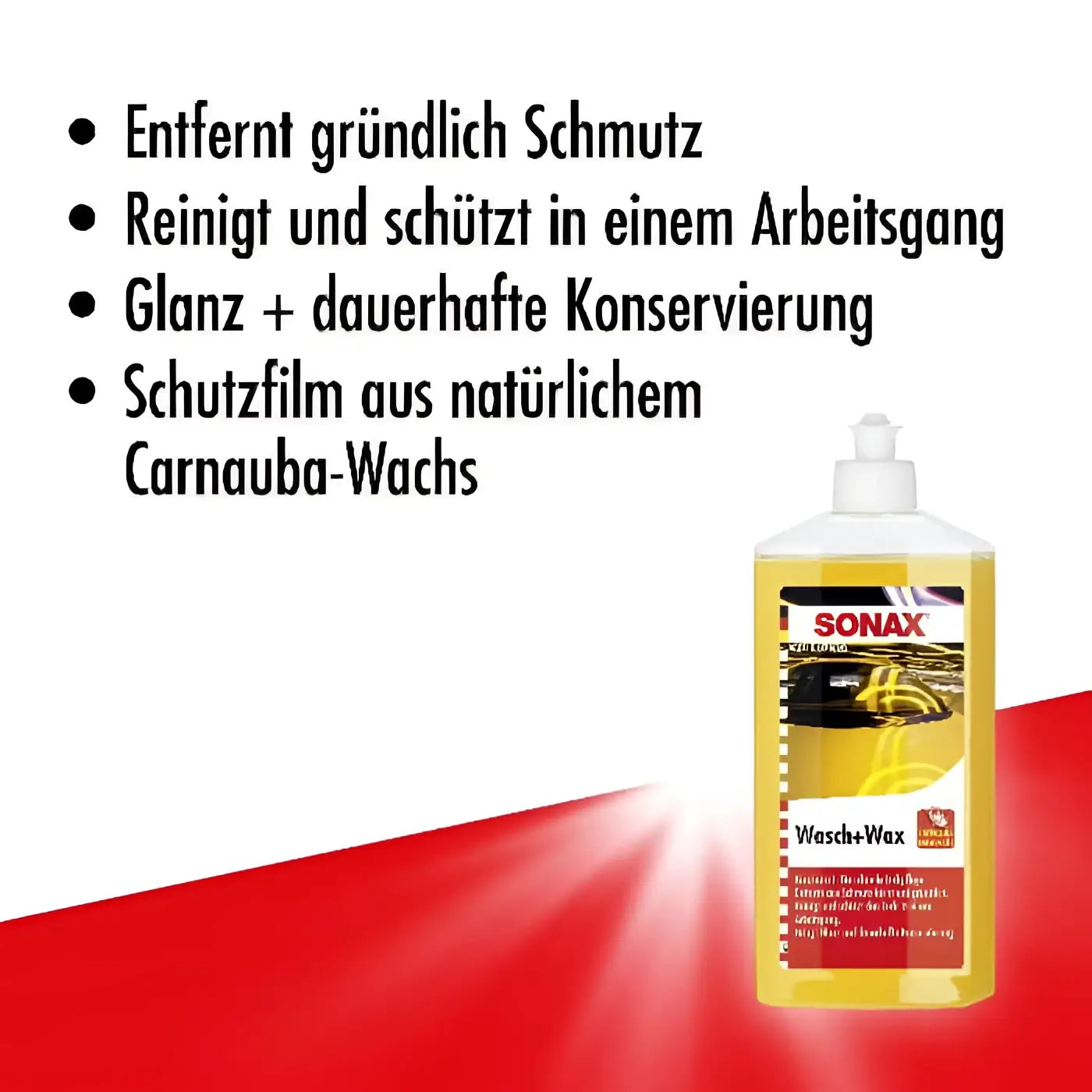 Ein gelbes sonax wasch+wax autoshampoo mit wax in einer klaren kunststoffflasche und weißem pumpspender