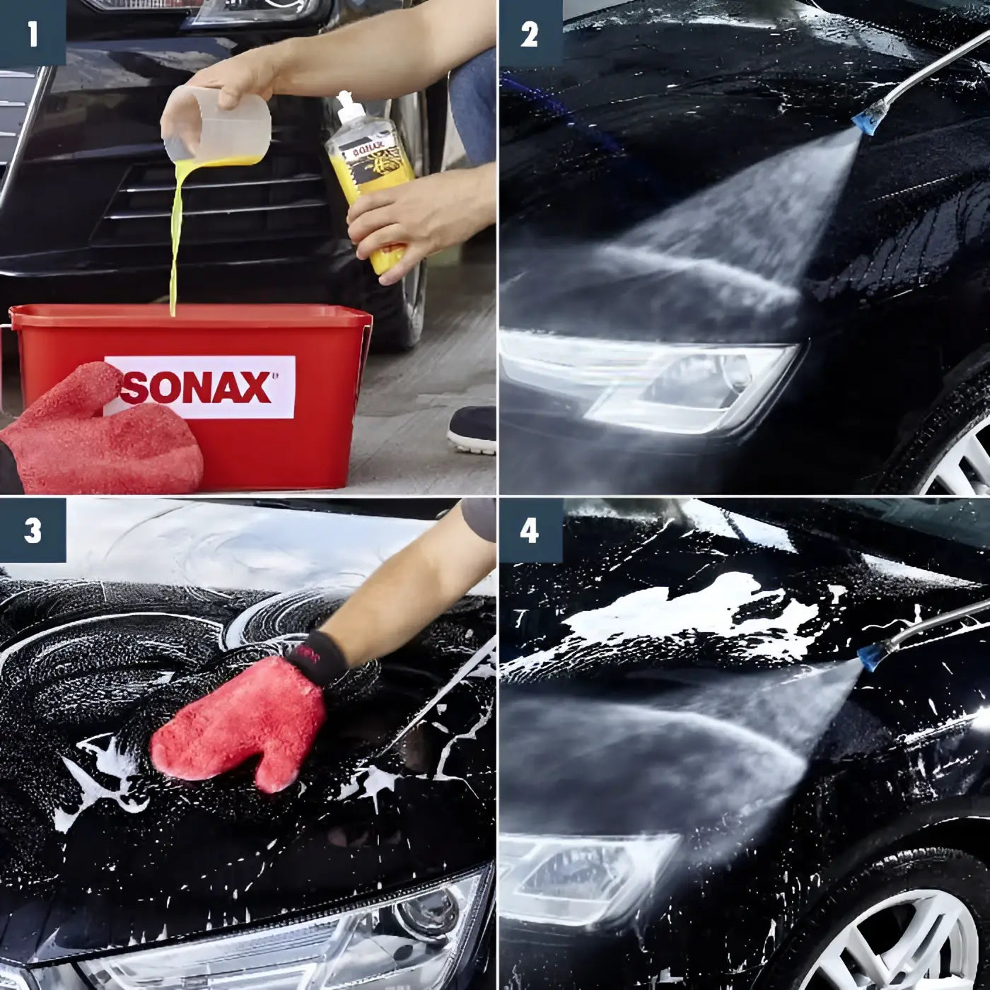 Roter mikrofaser-waschhandschuh mit schwarzem bund zum autowaschen für sonax waschwax autoshampoo mit wax