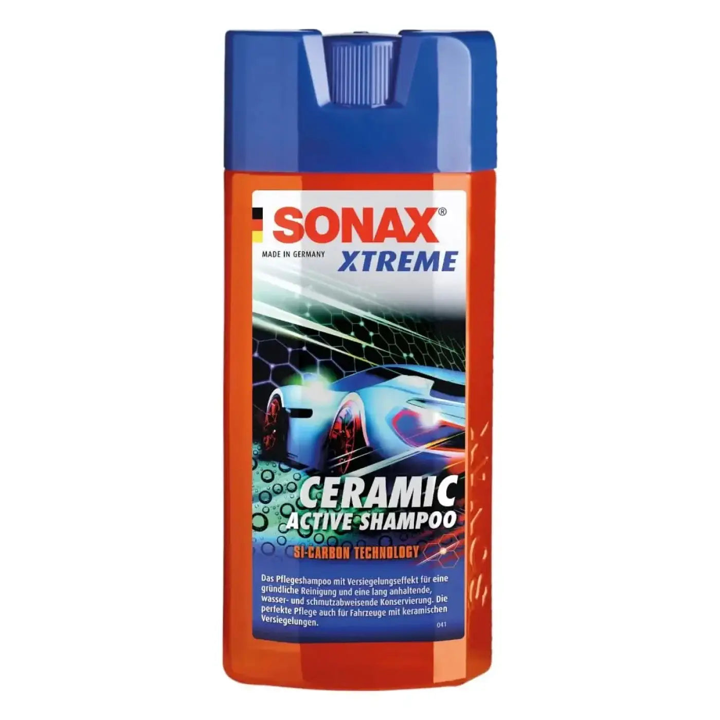 Orange kunststoffflasche mit blauem klappverschluss sonax xtreme ceramic active shampoo 500ml mit futuristischem auto