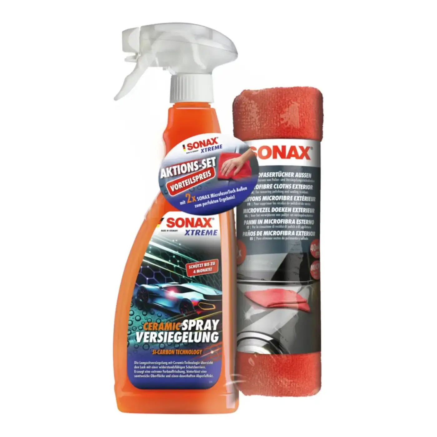 Orange sonax xtreme ceramic spray versiegelung flasche mit weißem trigger und auto schild im aktionsset