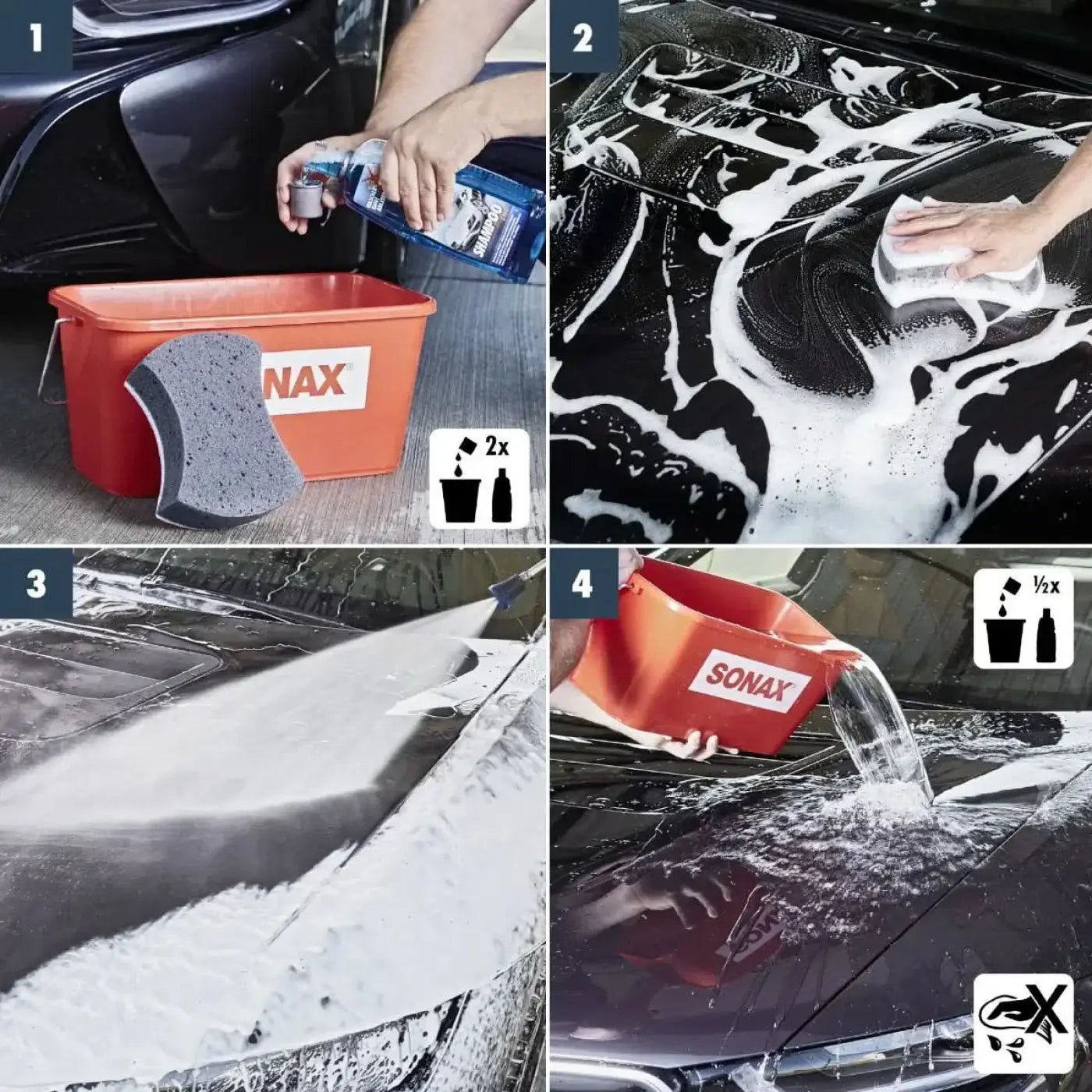 Orange sonax eimer mit grauem schwamm neben sonax xtreme shampoo 2 in 1 1l fass mit reinigungsfunktion