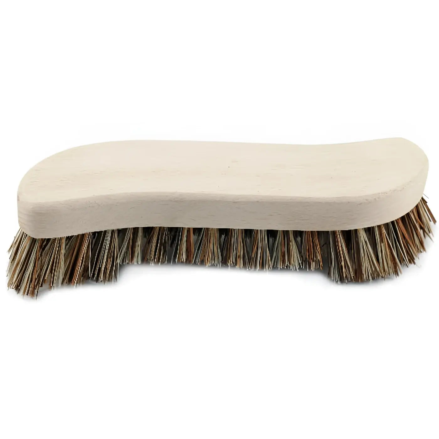 Eine leichte s- förmige sorex waschbürste aus hellem holz mit dichten braun und beige borsten für bartpflege