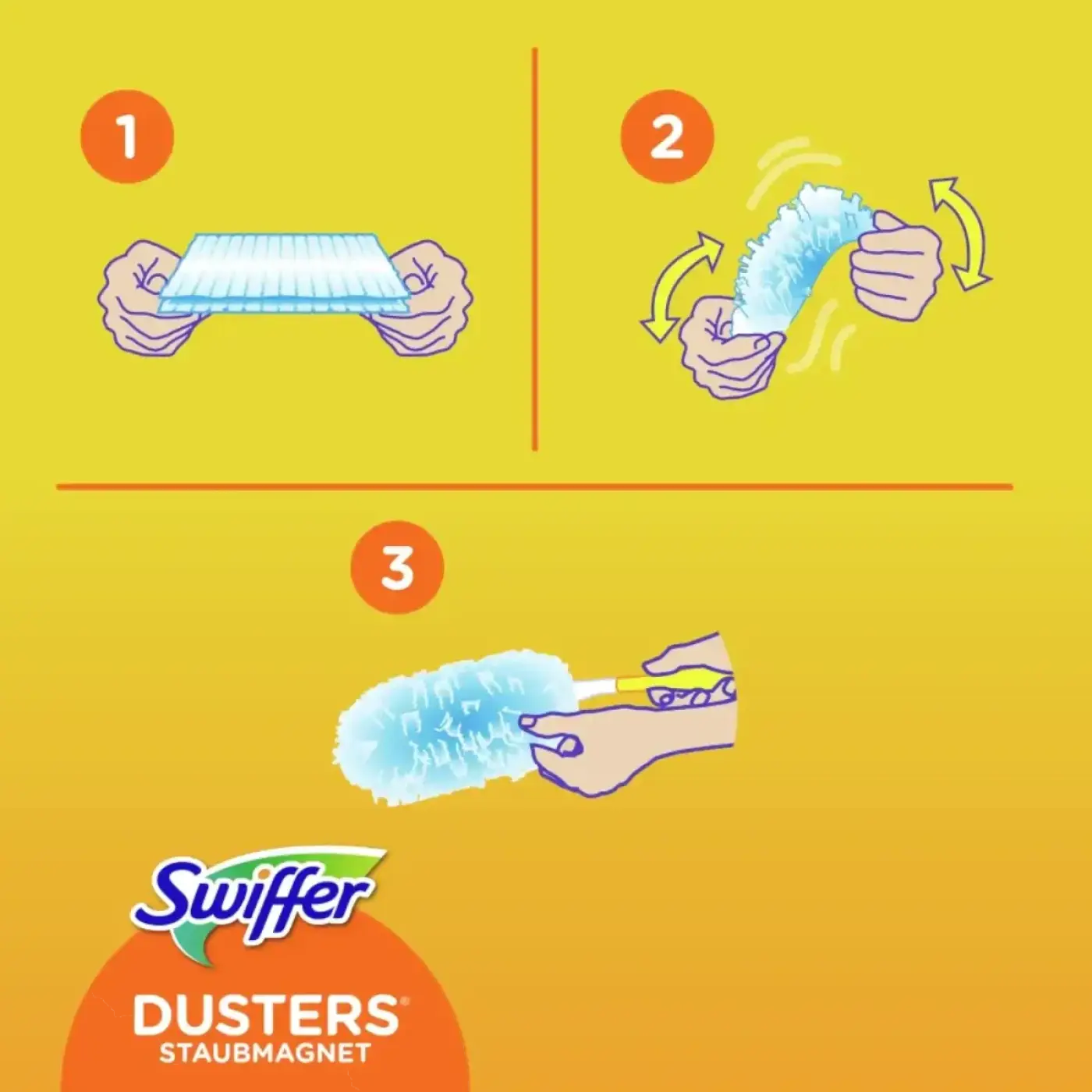 Swiffer duster mit blauem, flauschigem mikrofasertuch und gelbem handgriff zur staubentfernung