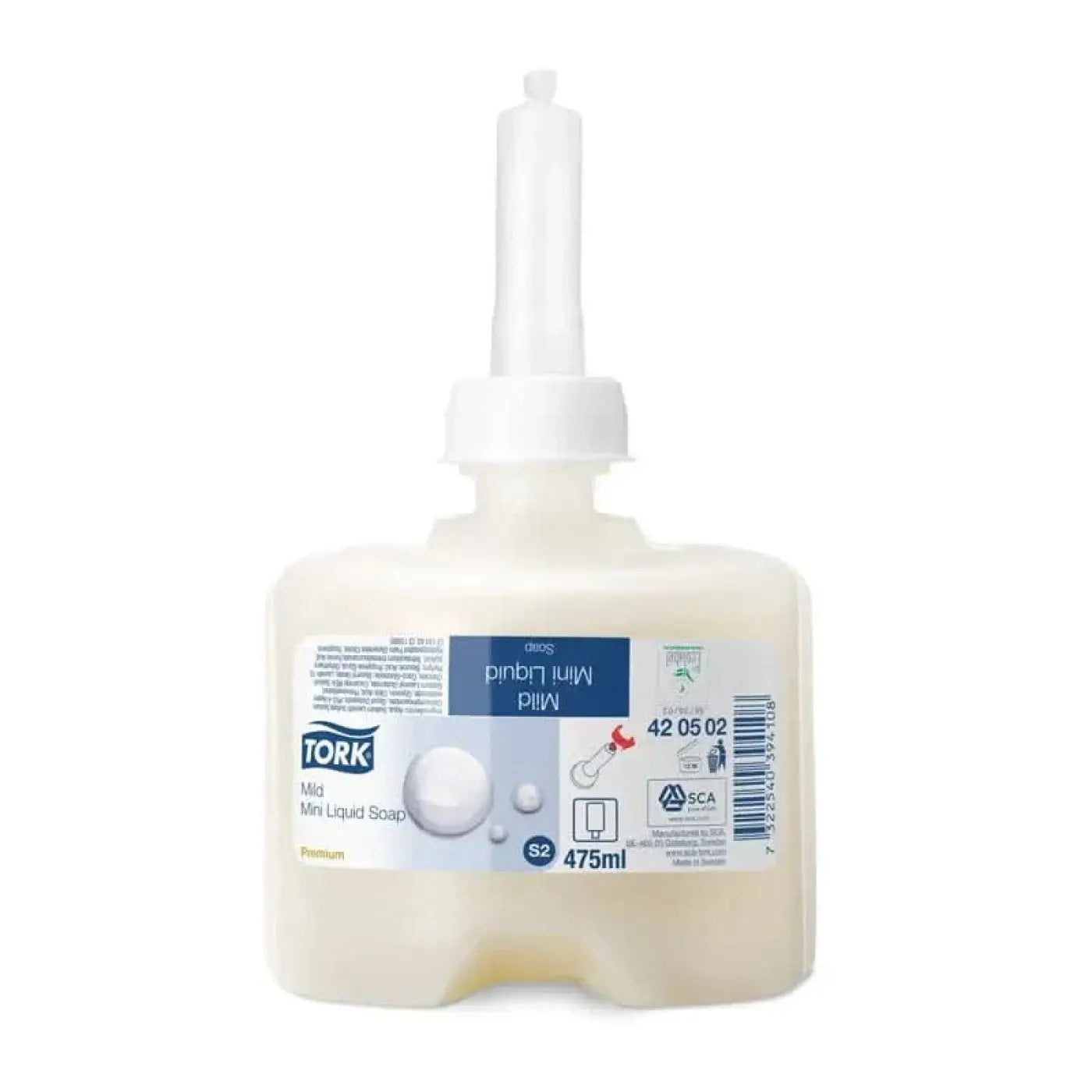 Weißer kunststoff tork mild mini flüssigseifenspender mit weißer pumpe und blauem etikett 475ml