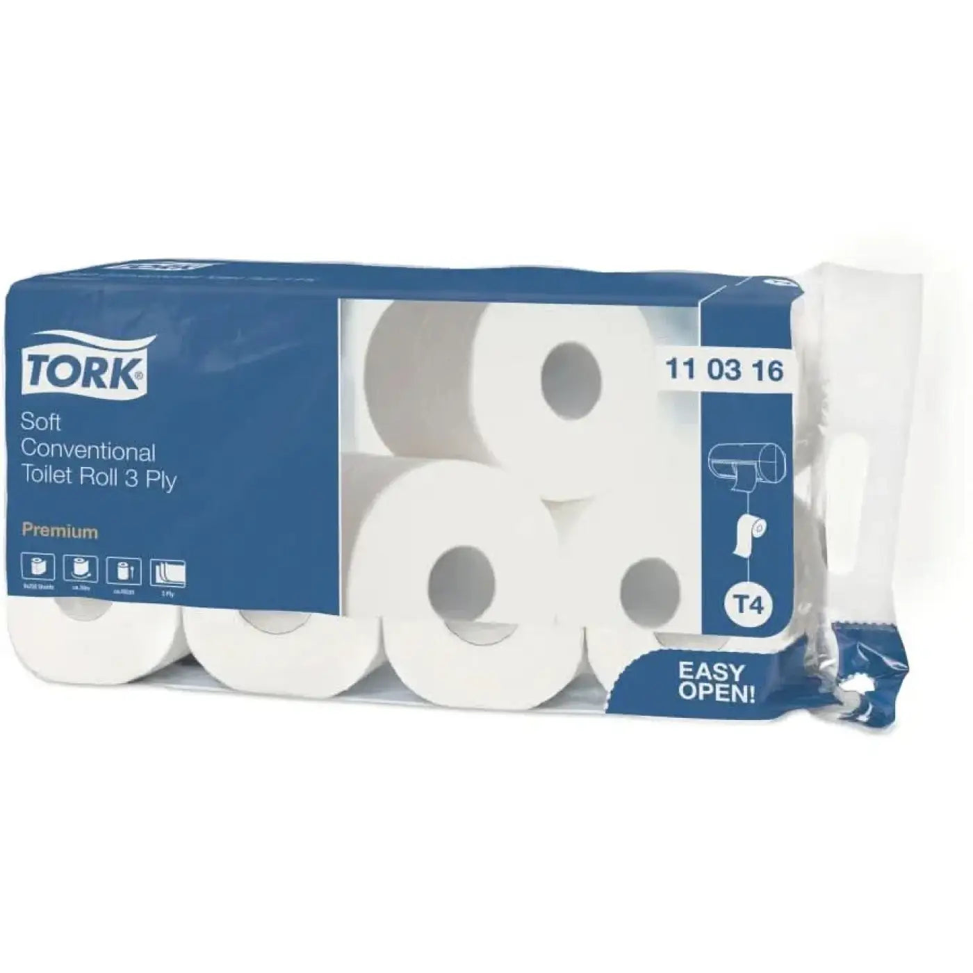 Tork toilettenpapier t4 premium weiß extra weich 3-lagig in blauer und weißer verpackung 9x8 rollen 250 blatt