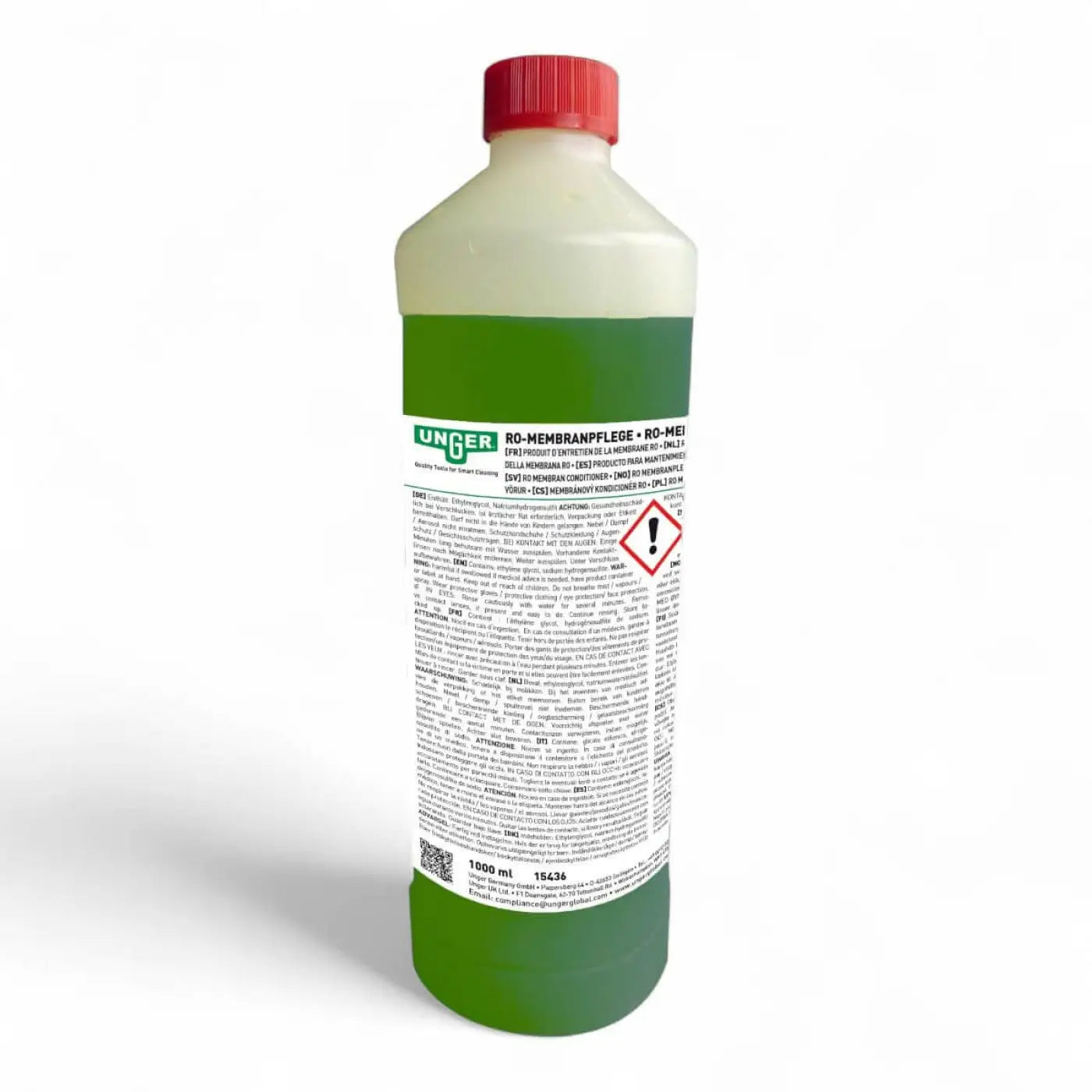 Weiße plastikflasche mit rotem verschluss und grünem label unger 15436 ro-membranpflegemittel 1l rückseite