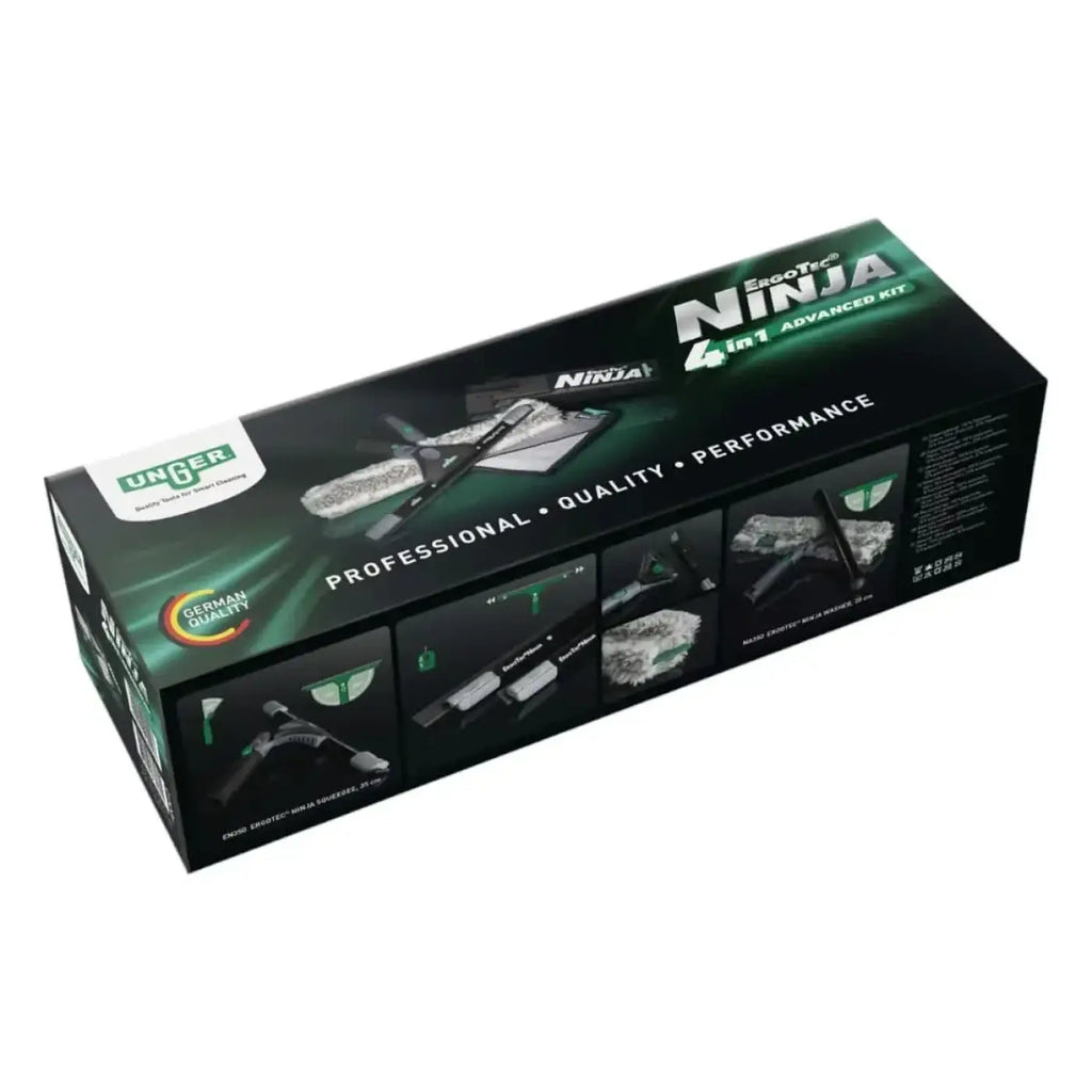 Schwarze und grüne box des unger ergotec ninja 4in1 fensterputzsets mit advanced kit