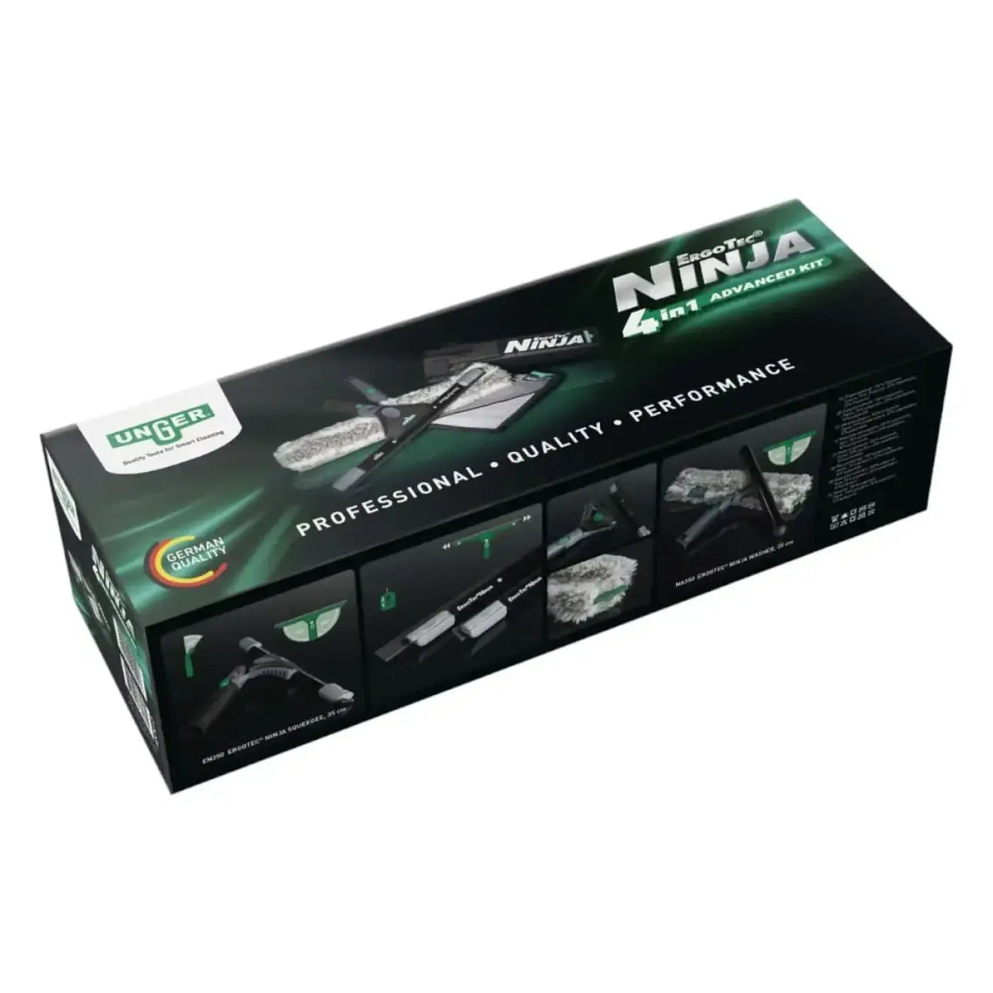 Schwarze und grüne box des unger ergotec ninja 4in1 fensterputzsets mit advanced kit