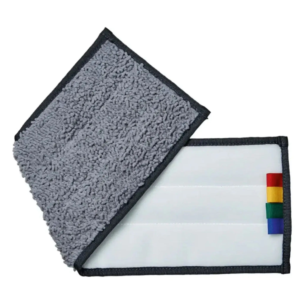 Grauer microfiber klettmopp mit schwarzem rand und weißen klebestreifen mit regenbogenfarbigen laschen ung ergo klettmopp 40cm